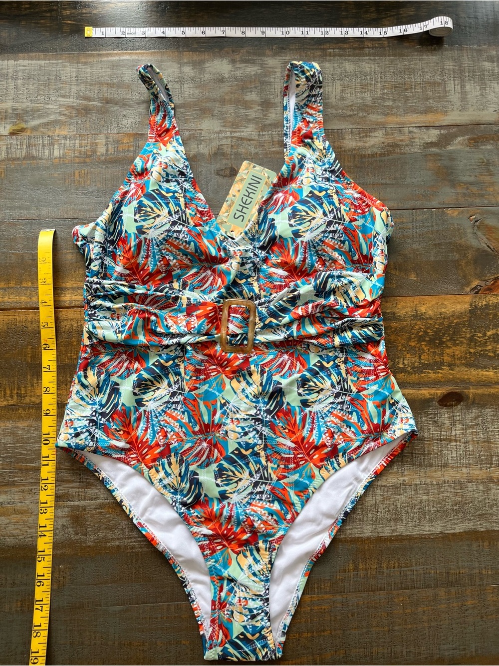Shekini Tropical Belted One-Piece Swimsuit - Teal & Red Floral